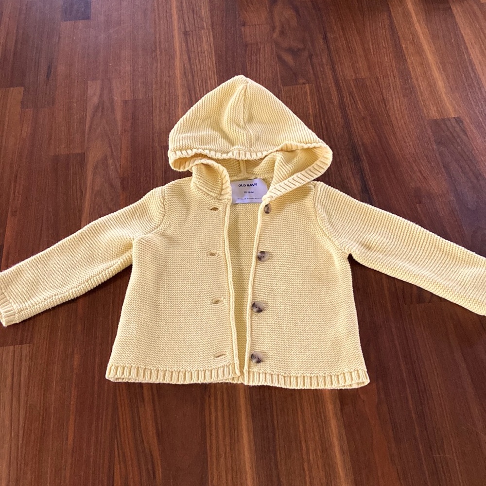 Old Navy Butter Yellow Garter Stitch Hooded Button Sweater 12-18m